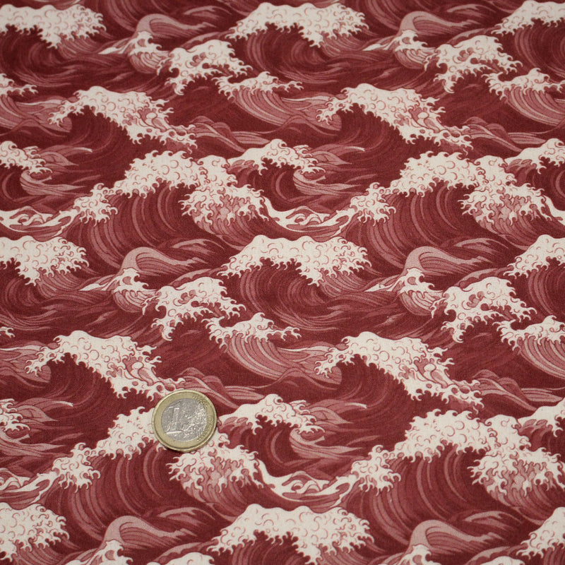 Tissu cotonnade motif de la vague d’HOKUSAI, rouge & écru - tissuspipi.com