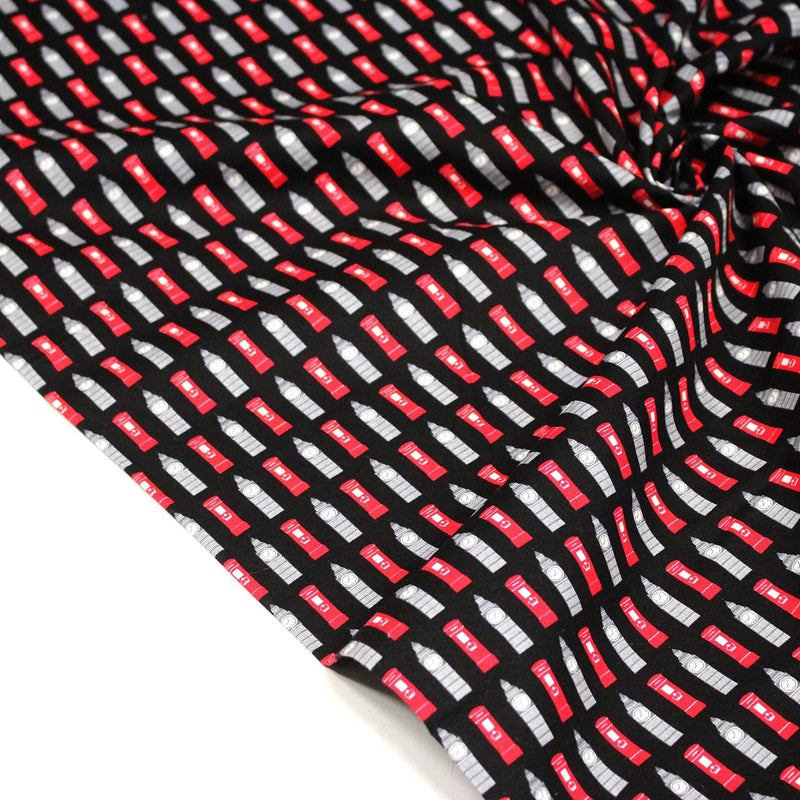 Tissu popeline de coton LONDON aux boîtes aux lettres mailbox rouges & Big Ben, fond noir - tissuspipi.com