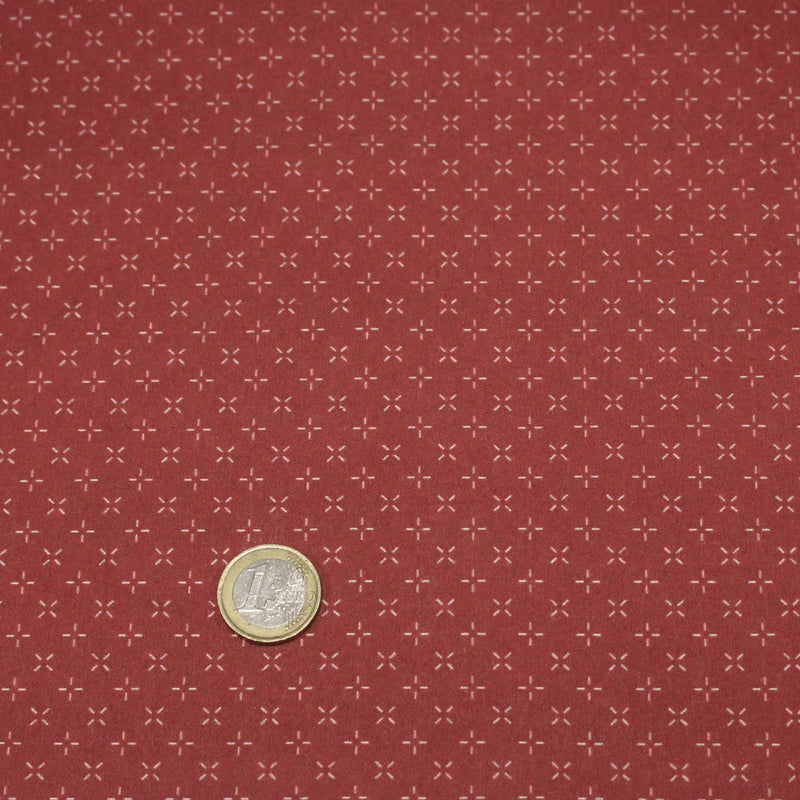 Tissu cotonnade motif japonais KA - KASURI, aux fines croix écrues, fond rouge - tissuspipi.com