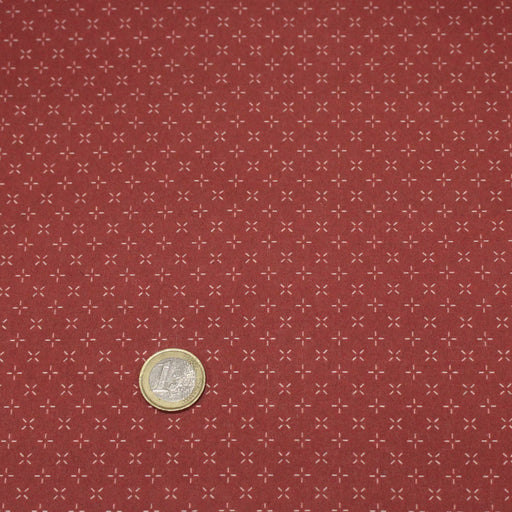 Tissu cotonnade motif japonais KA - KASURI, aux fines croix écrues, fond rouge - tissuspipi.com