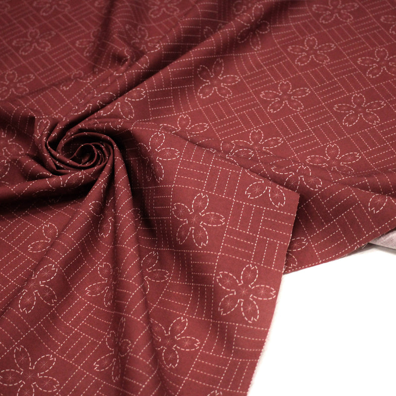 Tissu cotonnade motif japonais SASHIKO – tons rouge & écrus - tissuspipi.com