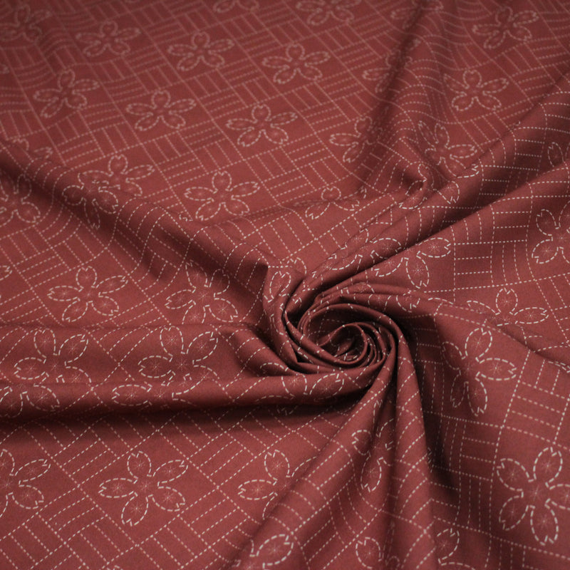 Tissu cotonnade motif japonais SASHIKO – tons rouge & écrus - tissuspipi.com