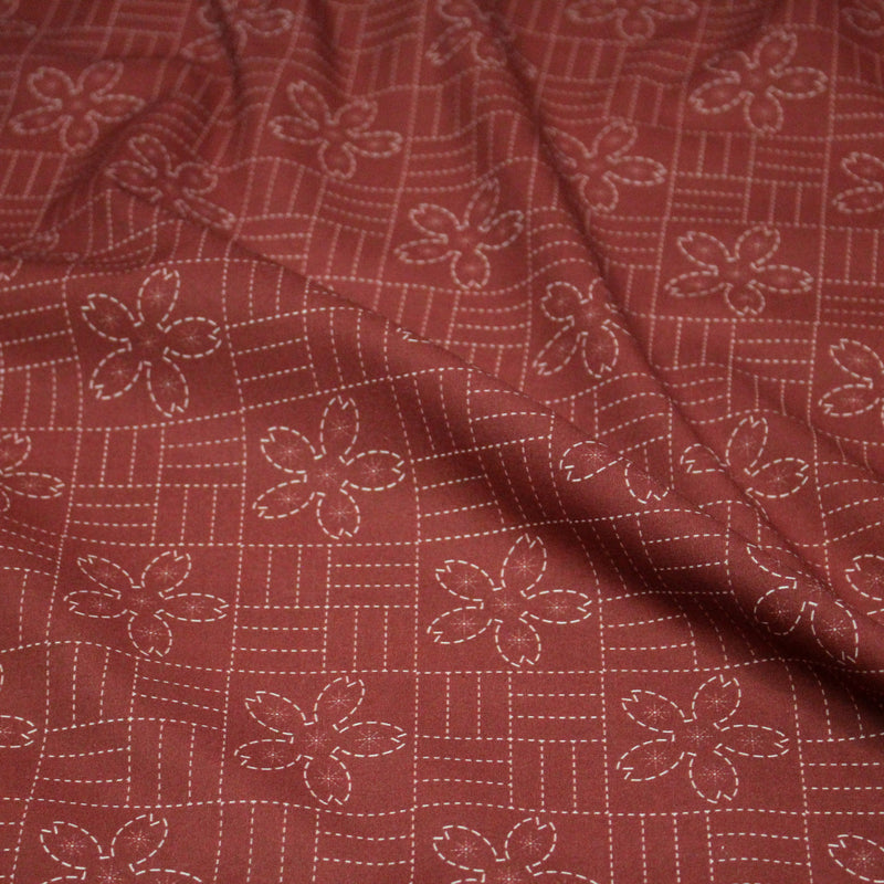 Tissu cotonnade motif japonais SASHIKO – tons rouge & écrus - tissuspipi.com