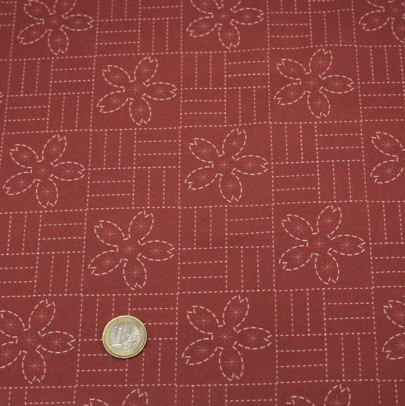 Tissu cotonnade motif japonais SASHIKO – tons rouge & écrus - tissuspipi.com