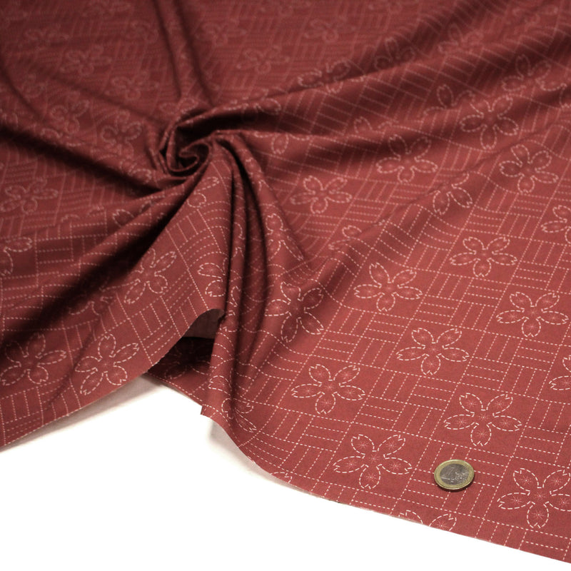 Tissu cotonnade motif japonais SASHIKO – tons rouge & écrus - tissuspipi.com