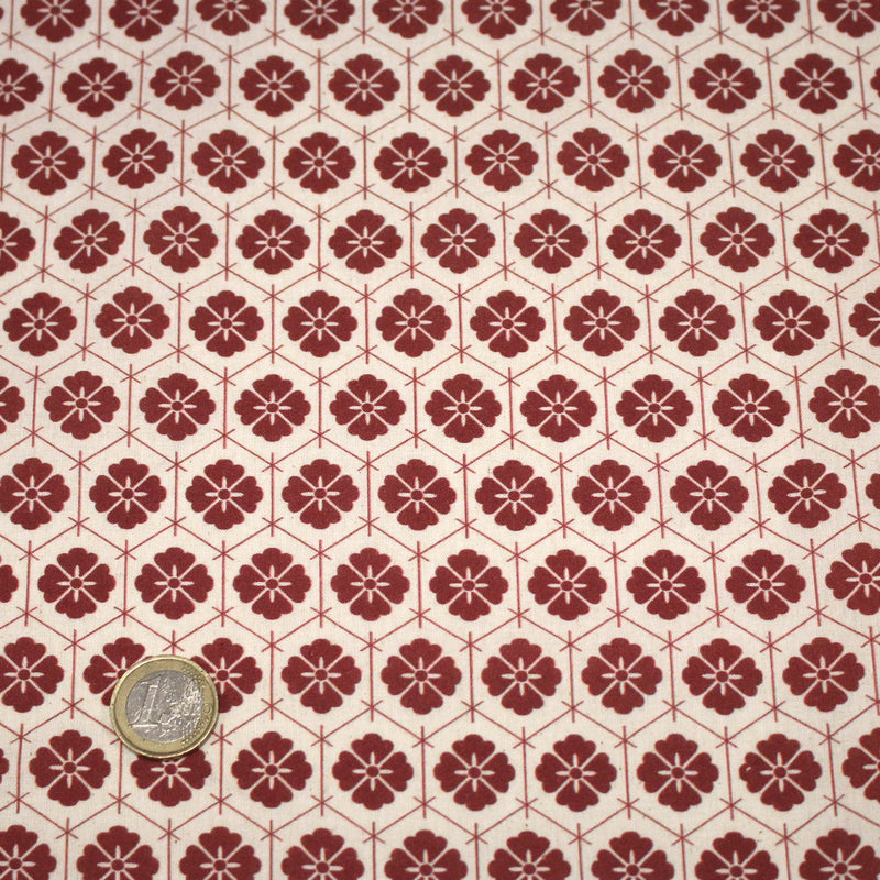Tissu cotonnade motif japonais KIKKŌ HANABISHI, fleurs & hexagones, rouge & écru - tissuspipi.com