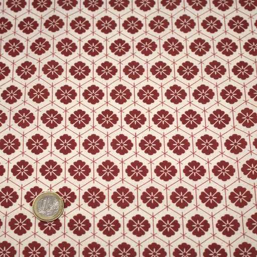 Tissu cotonnade motif japonais KIKKŌ HANABISHI, fleurs & hexagones, rouge & écru - tissuspipi.com
