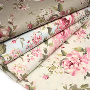 Tissu motif britannique aux grandes fleurs roses : lin, bleu, écru - COLLECTION BRIGHTON - tissuspipi.com