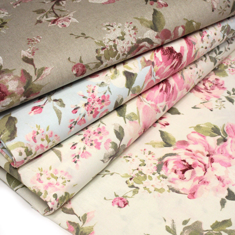 Tissu motif britannique aux grandes fleurs roses : lin, bleu, écru - COLLECTION BRIGHTON - tissuspipi.com