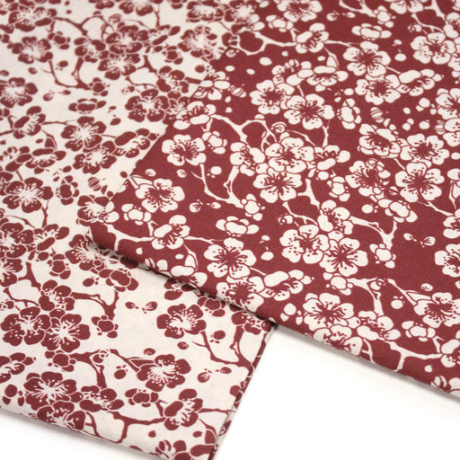 Tissu cotonnade motif japonais HANA aux fleurs de cerisier, tons écrus et rouges - tissuspipi.com