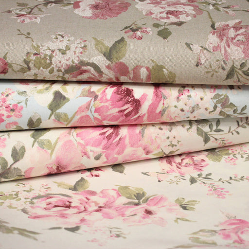 Tissu motif britannique aux grandes fleurs roses : lin, bleu, écru - COLLECTION BRIGHTON - tissuspipi.com