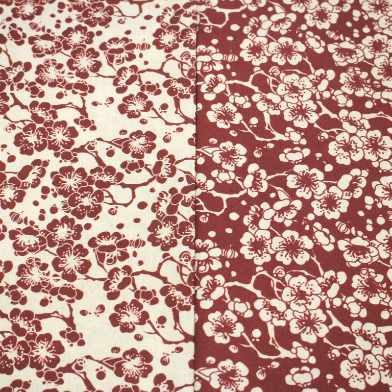 Tissu cotonnade motif japonais HANA aux fleurs de cerisier, tons écrus et rouges - tissuspipi.com