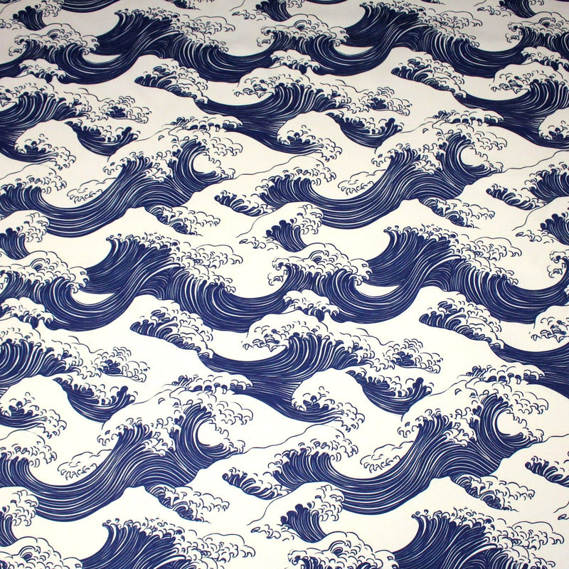 Tissu gabardine coton imprimée HOKUSAI Vagues japonaises bleues & blanc cassé - OEKO - TEX - tissuspipi.com
