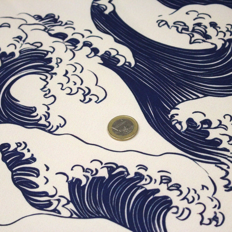 Tissu gabardine coton imprimée HOKUSAI Vagues japonaises bleues & blanc cassé - OEKO - TEX - tissuspipi.com