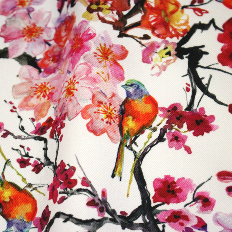 Tissu gabardine coton imprimée GUNMA jardin japonais, oiseaux et fleurs de cerisier - OEKO - TEX - tissuspipi.com