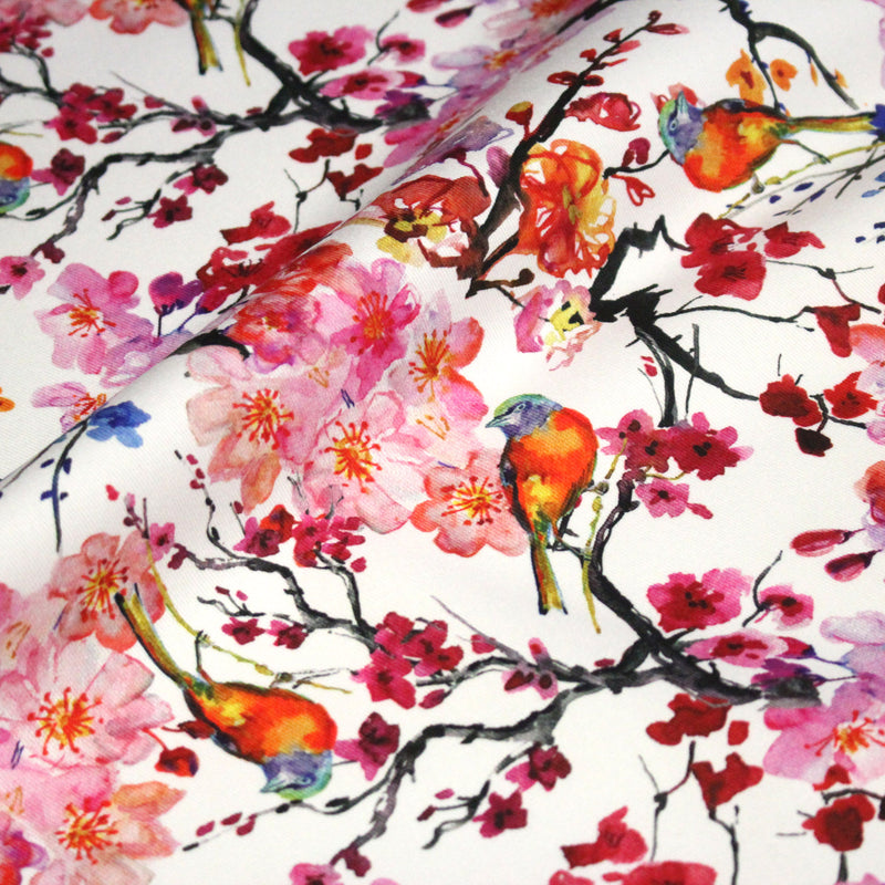 Tissu gabardine coton imprimée GUNMA jardin japonais, oiseaux et fleurs de cerisier - OEKO - TEX - tissuspipi.com