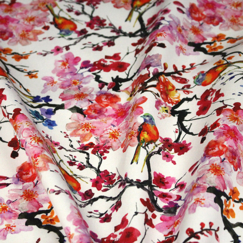 Tissu gabardine coton imprimée GUNMA jardin japonais, oiseaux et fleurs de cerisier - OEKO - TEX - tissuspipi.com