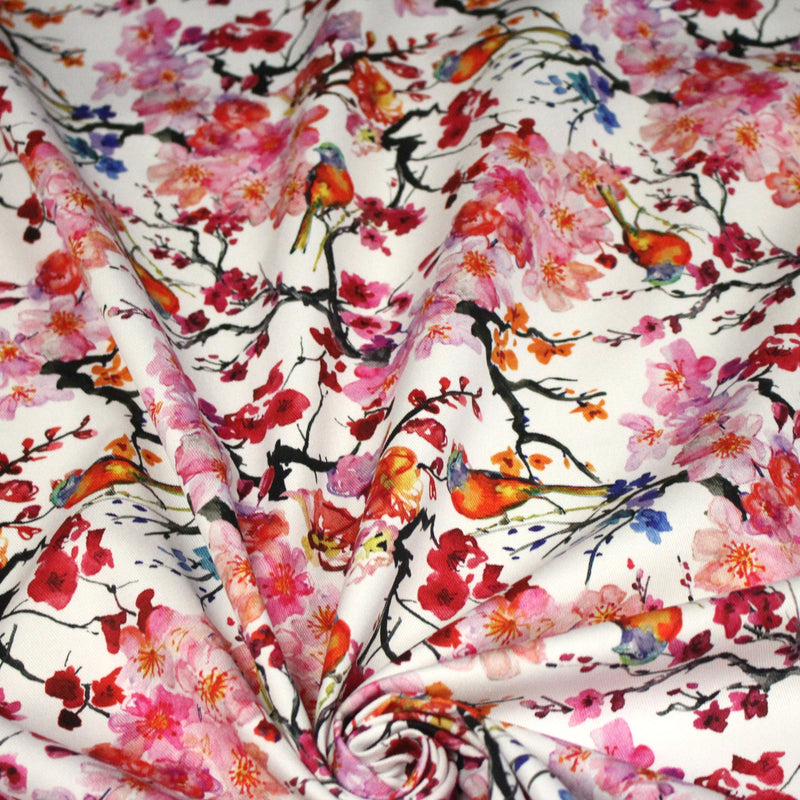 Tissu gabardine coton imprimée GUNMA jardin japonais, oiseaux et fleurs de cerisier - OEKO - TEX - tissuspipi.com