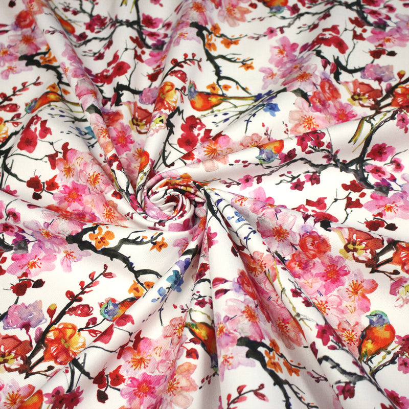 Tissu gabardine coton imprimée GUNMA jardin japonais, oiseaux et fleurs de cerisier - OEKO - TEX - tissuspipi.com