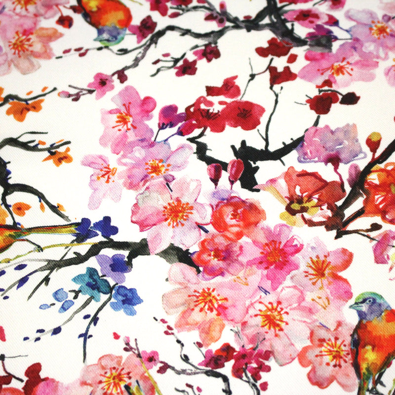 Tissu gabardine coton imprimée GUNMA jardin japonais, oiseaux et fleurs de cerisier - OEKO - TEX - tissuspipi.com