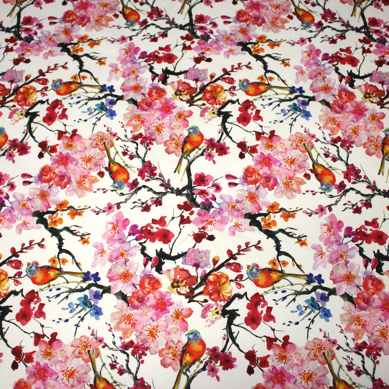Tissu gabardine coton imprimée GUNMA jardin japonais, oiseaux et fleurs de cerisier - OEKO - TEX - tissuspipi.com
