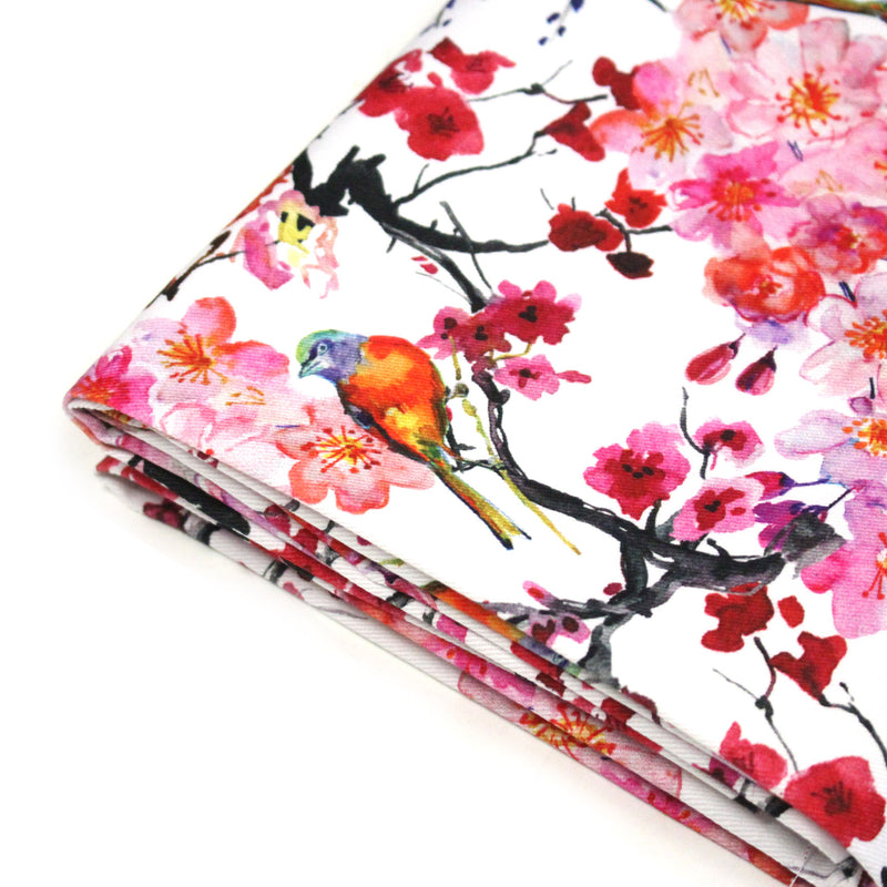 Tissu gabardine coton imprimée GUNMA jardin japonais, oiseaux et fleurs de cerisier - OEKO - TEX - tissuspipi.com