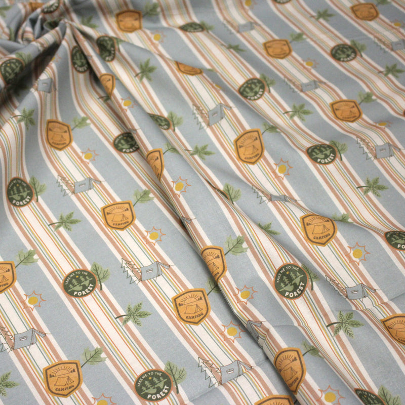 Tissu cotonnade motif CAMPING & belles rayures colorées - STANDARD 100 OEKO - TEX - tissuspipi.com