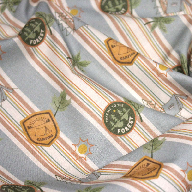 Tissu cotonnade motif CAMPING & belles rayures colorées - STANDARD 100 OEKO - TEX - tissuspipi.com