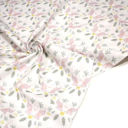 Tissu cotonnade enfant blanc aux éléphants & feuilles tropicales - STANDARD 100 OEKO - TEX - tissuspipi.com