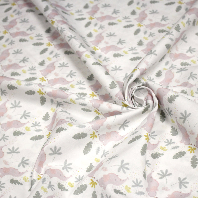 Tissu cotonnade enfant blanc aux éléphants & feuilles tropicales - STANDARD 100 OEKO - TEX - tissuspipi.com