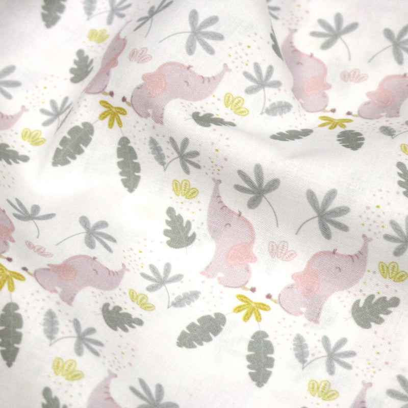 Tissu cotonnade enfant blanc aux éléphants & feuilles tropicales - STANDARD 100 OEKO - TEX - tissuspipi.com