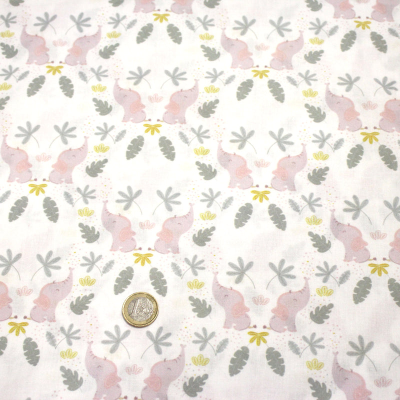 Tissu cotonnade enfant blanc aux éléphants & feuilles tropicales - STANDARD 100 OEKO - TEX - tissuspipi.com