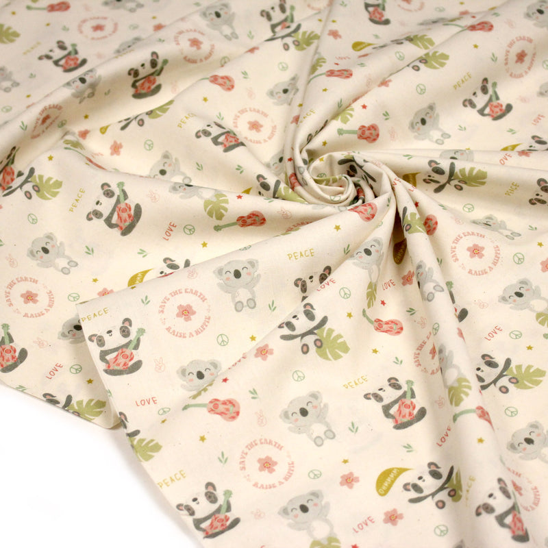 Tissu cotonnade écru, Koalas pandas et ukuleles - STANDARD 100 OEKO - TEX - tissuspipi.com