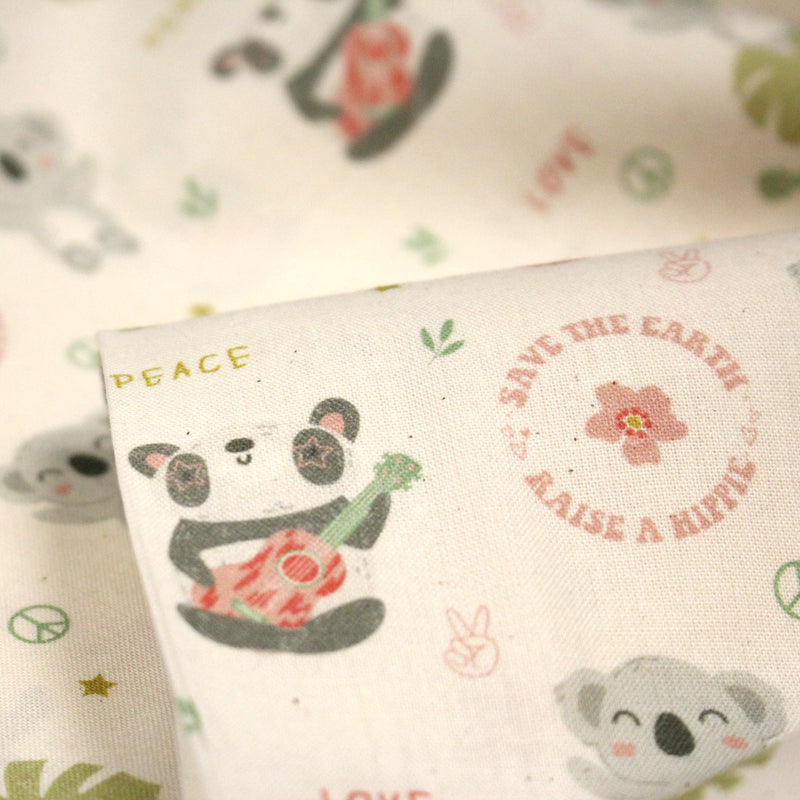 Tissu cotonnade écru, Koalas pandas et ukuleles - STANDARD 100 OEKO - TEX - tissuspipi.com