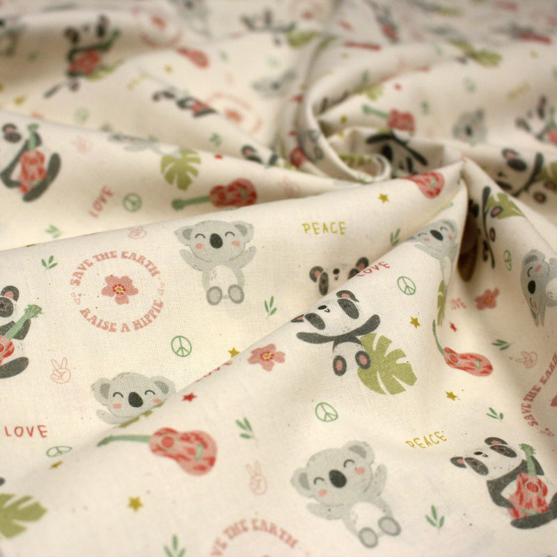 Tissu cotonnade écru, Koalas pandas et ukuleles - STANDARD 100 OEKO - TEX - tissuspipi.com
