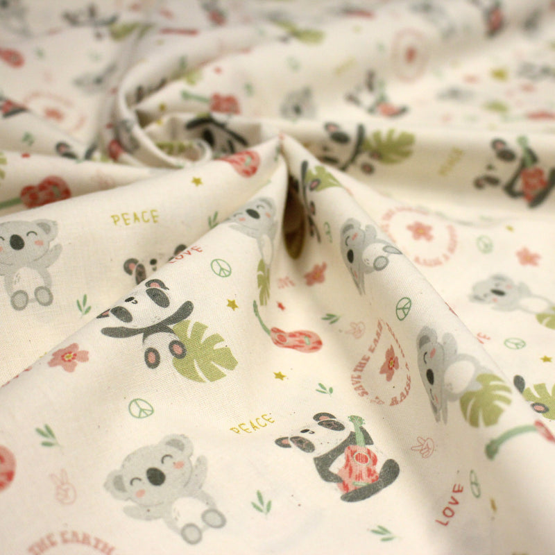 Tissu cotonnade écru, Koalas pandas et ukuleles - STANDARD 100 OEKO - TEX - tissuspipi.com