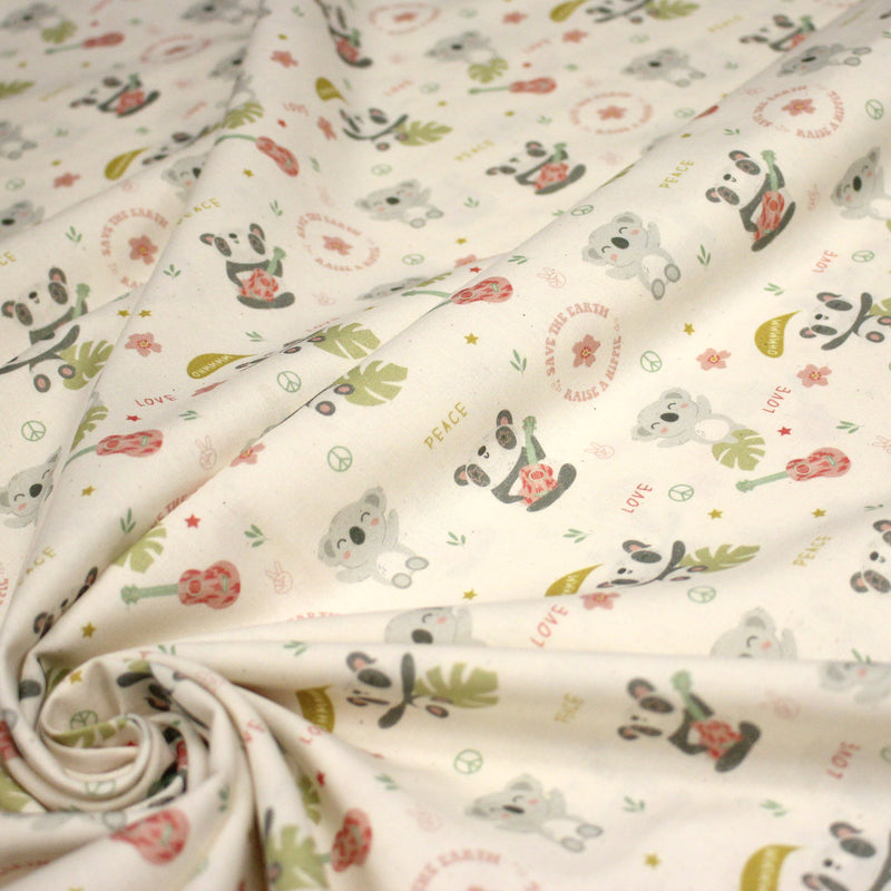 Tissu cotonnade écru, Koalas pandas et ukuleles - STANDARD 100 OEKO - TEX - tissuspipi.com