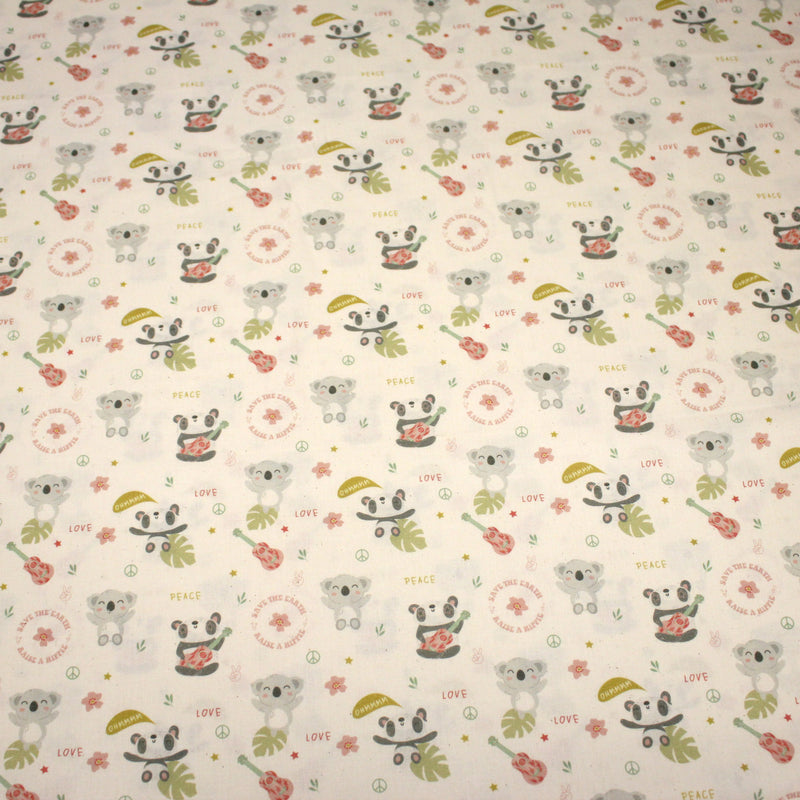 Tissu cotonnade écru, Koalas pandas et ukuleles - STANDARD 100 OEKO - TEX - tissuspipi.com