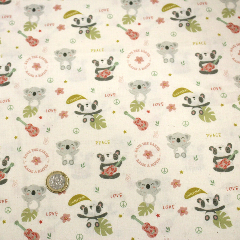 Tissu cotonnade écru, Koalas pandas et ukuleles - STANDARD 100 OEKO - TEX - tissuspipi.com