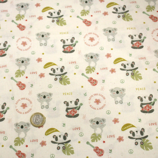 Tissu cotonnade écru, Koalas pandas et ukuleles - STANDARD 100 OEKO - TEX - tissuspipi.com