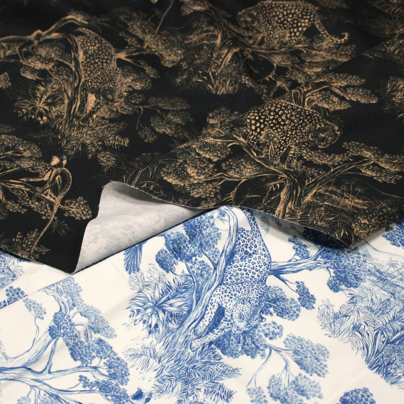 Tissu Toile de Jouy forêt tropicale, singes et léopards : nombreuses couleurs - COLLECTION ANIMALIA, par la maison Thevenon - tissuspipi.com