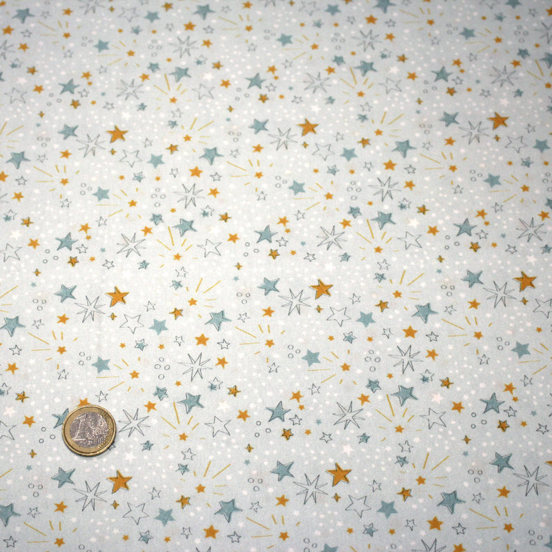 Tissu cotonnade bleu ciel aux étoiles bleues et jaunes - STANDARD 100 OEKO - TEX - tissuspipi.com
