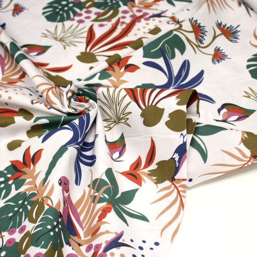 Tissu cotonnade blanc, motif tropical & oiseaux multicolores - STANDARD 100 OEKO - TEX - tissuspipi.com