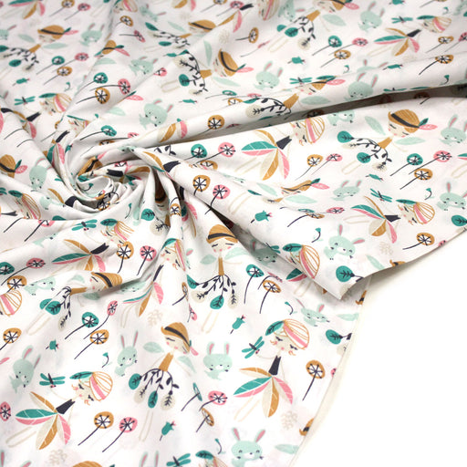 Tissu cotonnade blanc, Fées et danseuses, tons roses verts et ocre - STANDARD 100 OEKO - TEX - tissuspipi.com
