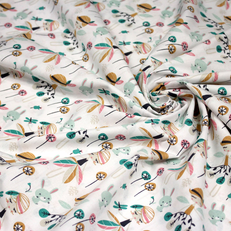 Tissu cotonnade blanc, Fées et danseuses, tons roses verts et ocre - STANDARD 100 OEKO - TEX - tissuspipi.com