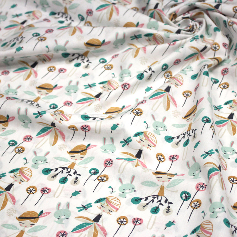 Tissu cotonnade blanc, Fées et danseuses, tons roses verts et ocre - STANDARD 100 OEKO-TEX