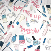 Tissu cotonnade MAKE - UP GIRLY, motifs maquillages et parfums, tons roses, bleus, écrus - tissuspipi.com