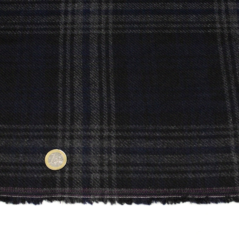 Tissu lainage tartan carreaux noir bleu nuit et gris anthracite - Fabrication italienne - tissuspipi.com