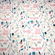 Tissu cotonnade MAKE - UP GIRLY, motifs maquillages et parfums, tons roses, bleus, écrus - tissuspipi.com