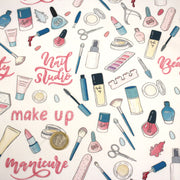 Tissu cotonnade MAKE - UP GIRLY, motifs maquillages et parfums, tons roses, bleus, écrus - tissuspipi.com